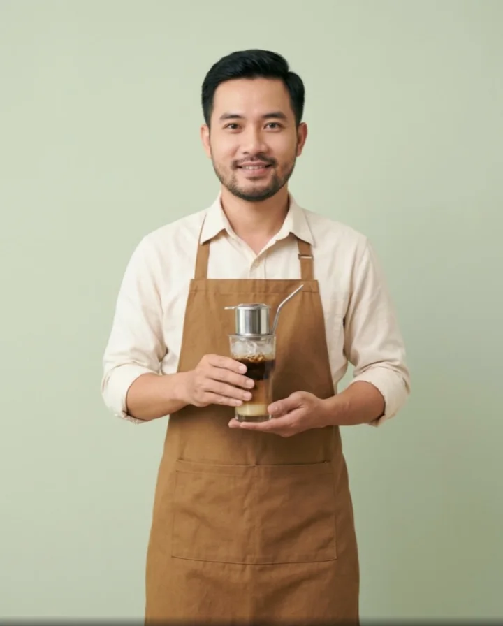 AI presenter: a bearded Vietnamese barista in a brown apron