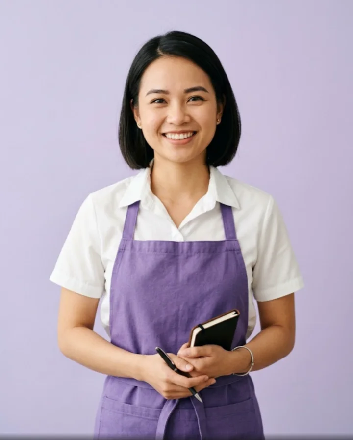 AI presenter: a friendly Vietnamese clerk in a purple apron