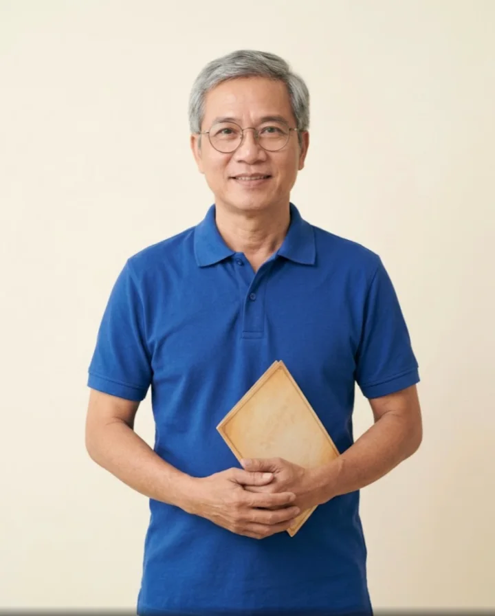 AI presenter: the quán owner, wearing glasses