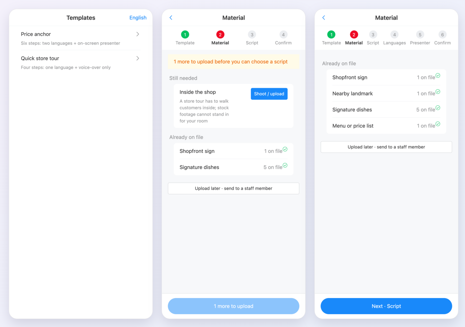 Merchant app: the template gallery, then the material checklist for two templates — one still missing an interior shot, one ready to go