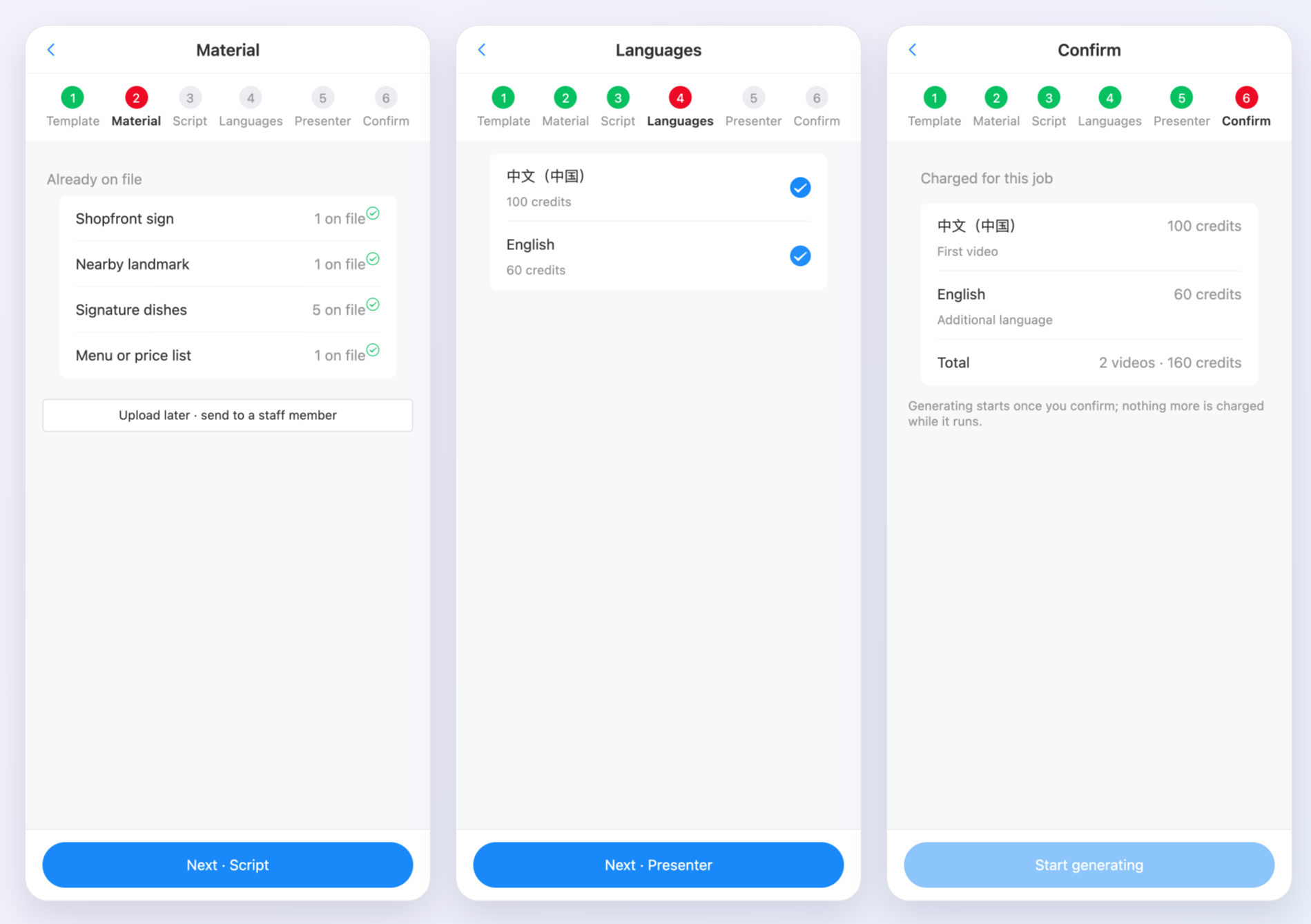 Wizard screens: reusable material on file, language selection with the credits per language (100 + 60), and the confirmation showing 2 videos · 160 credits