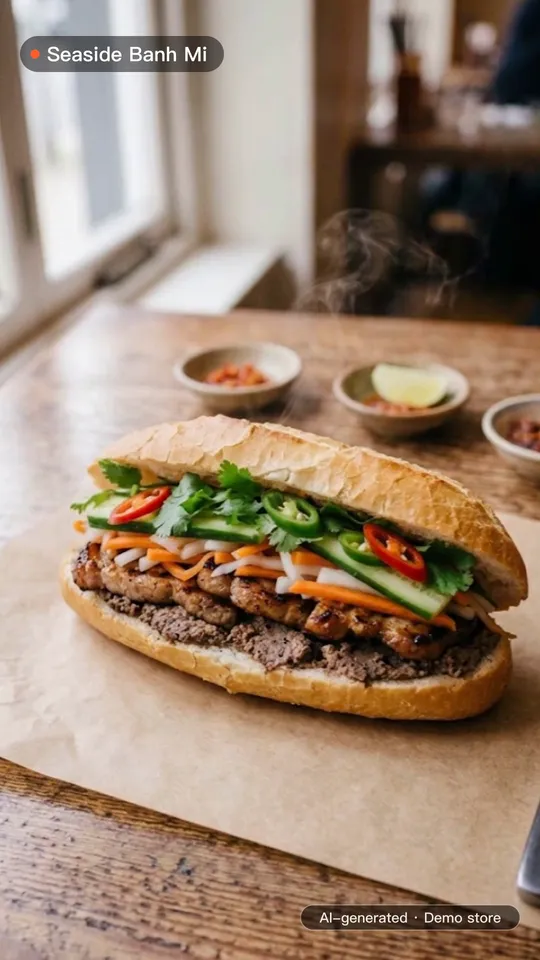 Seaside Banh Mi — Signature close-up (English) — AI-generated · demo store